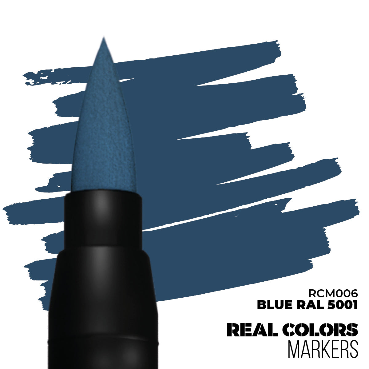 Blue brush marker tip makes a dark blue stroke. Labels RCM006 Blue RAL 5001 Real Colors Markers