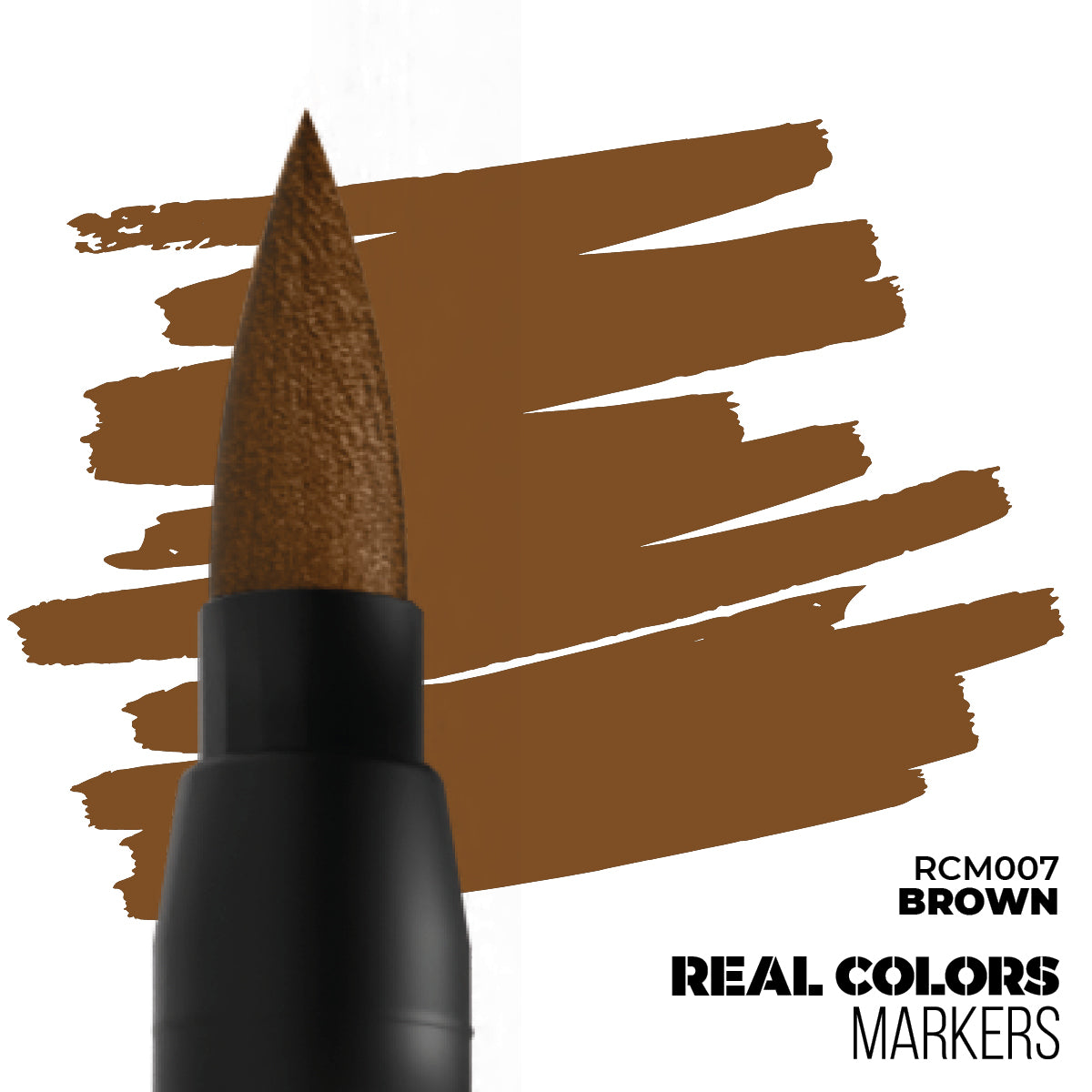 A brown brush marker tip creating brown strokes on a white background. Text: RCM007 BROWN, REAL COLORS MARKERS