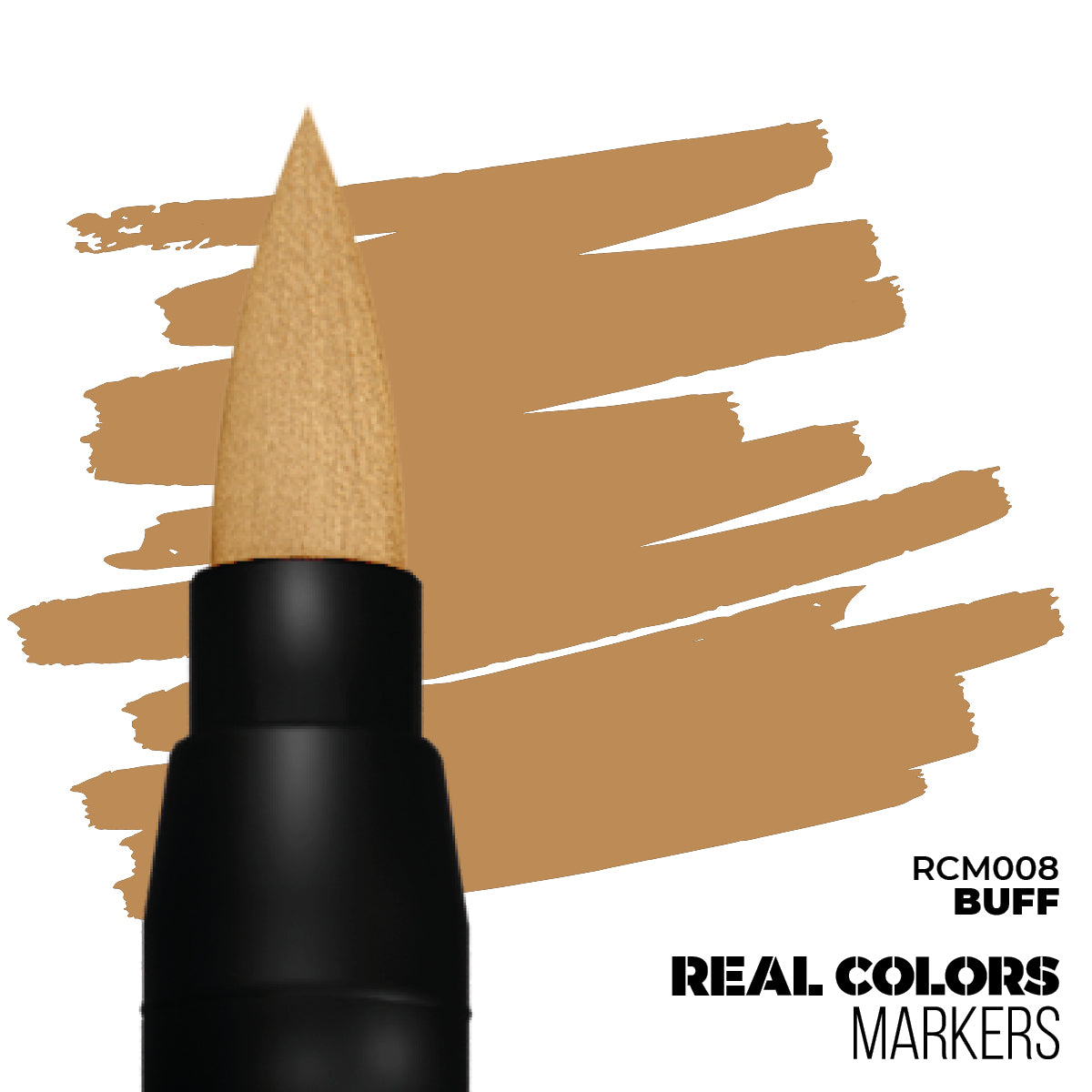 Black marker with a buff chisel tip, creating buff color strokes on a white background