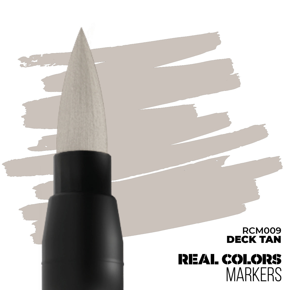 Real Colors Markers RCM009 Deck Tan brush marker with a light beige tip and corresponding color swatches