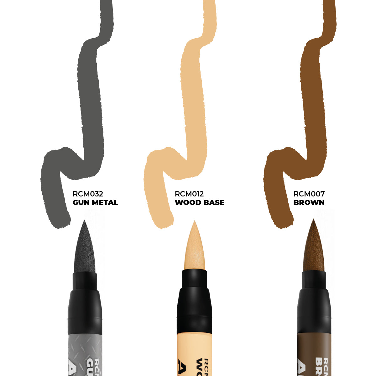 Three brush pens with swatches: Gun Metal, Wood Base, and Brown