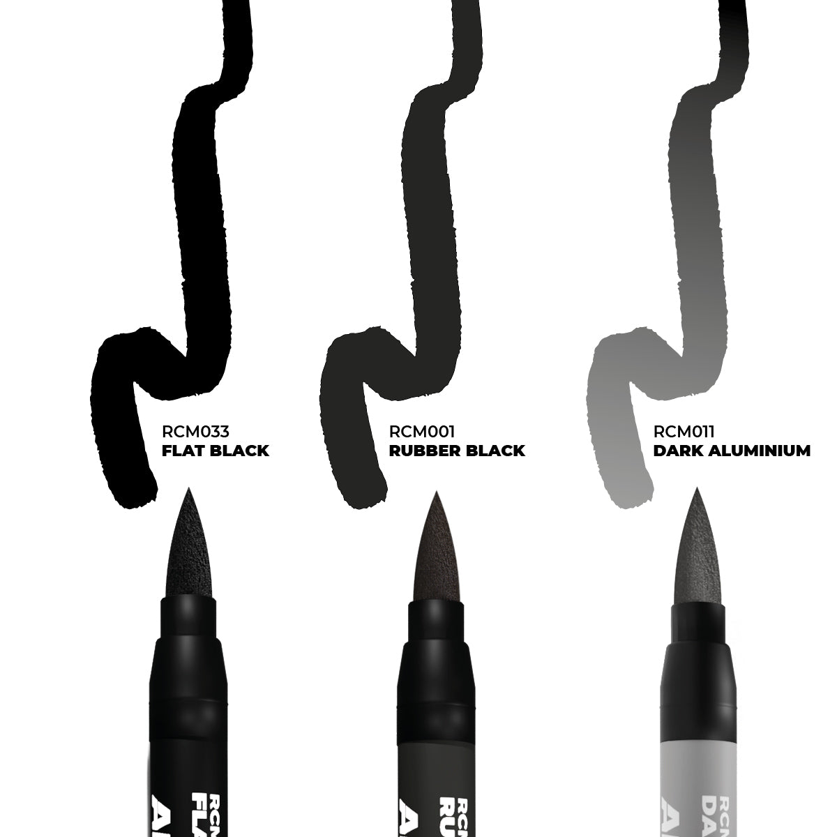 Three brush pens with swatches of Flat Black, Rubber Black, and Dark Aluminium ink on white