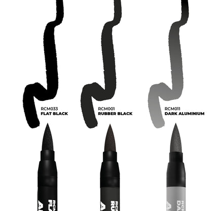 Three brush pens with swatches of Flat Black, Rubber Black, and Dark Aluminium ink on white