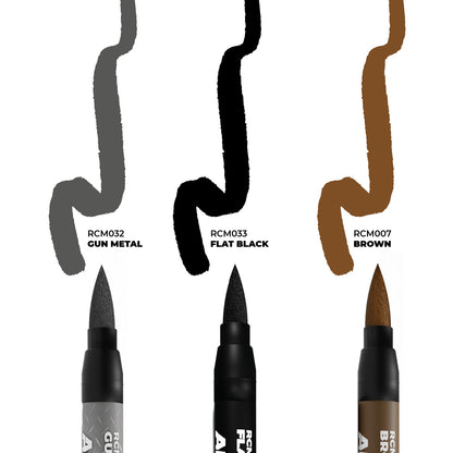 Three brush pens, grey, black, and brown, show corresponding swatches: "Gun Metal," "Flat Black," and "Brown."