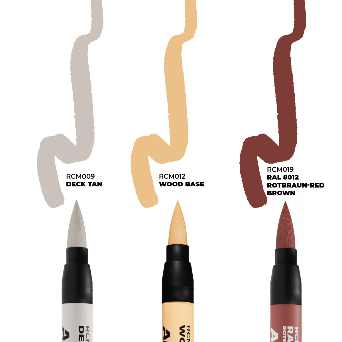 Three brush-tip repair pens with their color swatches: Deck Tan (gray), Wood Base (beige), and Red Brown