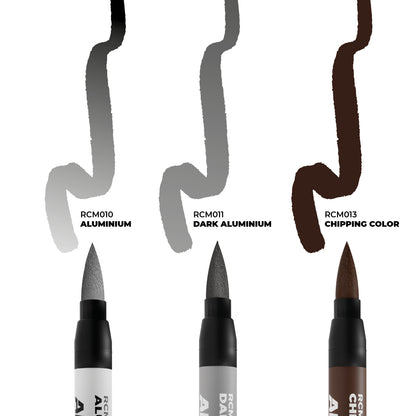 Three brush pens and their color swatches: light gray (Aluminium), dark gray (Dark Aluminium), and brown (Chipping Color)