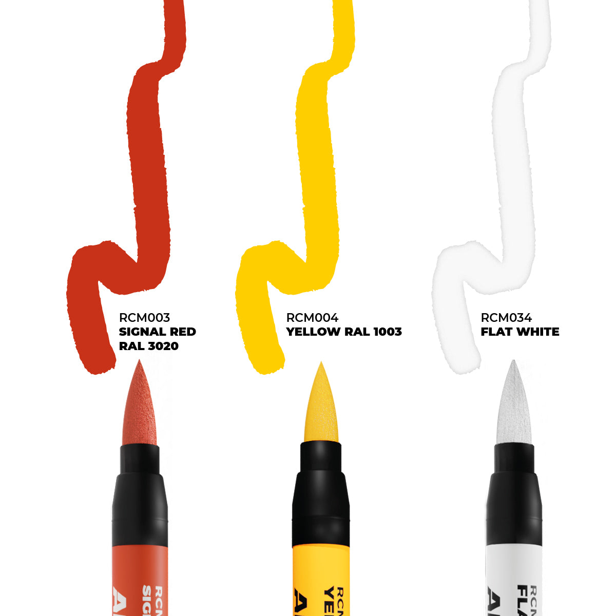 Three red, yellow, and white brush pens displaying their color swatches and names
