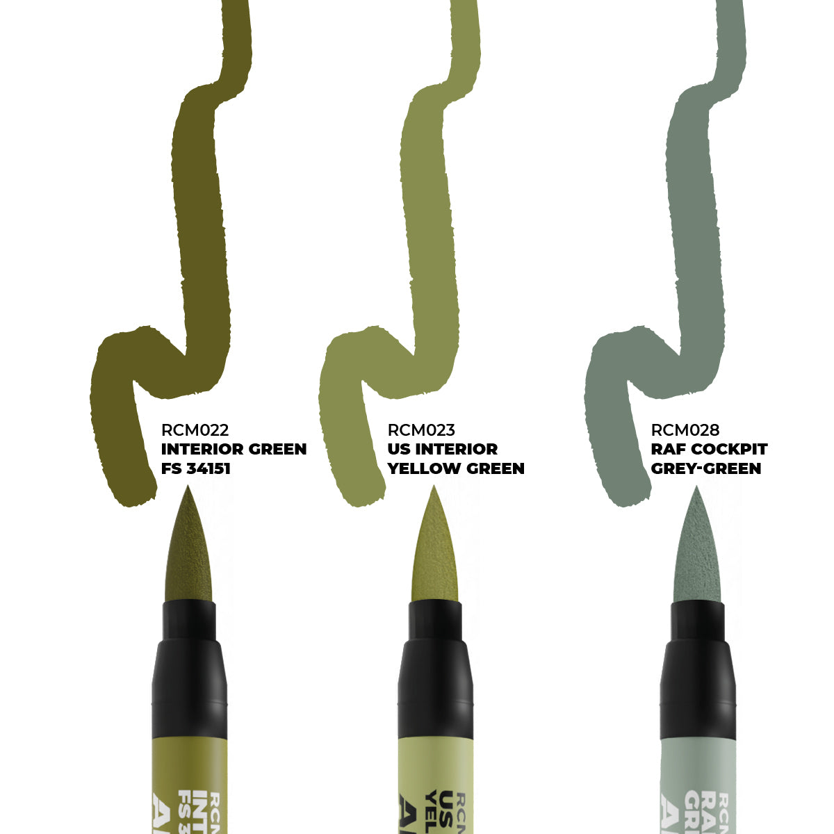Three green brush pens display paint swatches: Interior Green, US Interior Yellow Green, and RAF Cockpit Grey-Green
