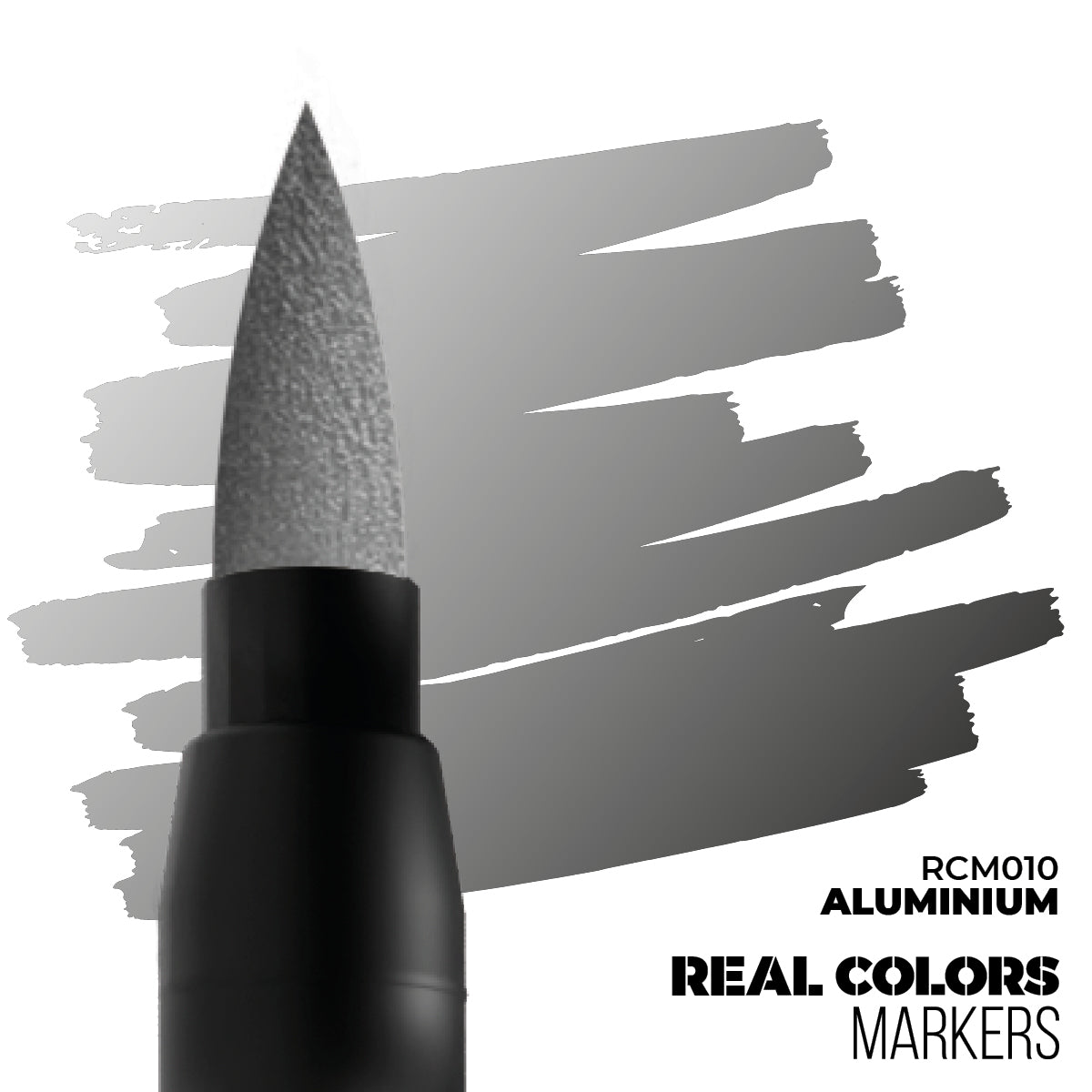 A Real Colors marker with an aluminium brush tip creating metallic grey strokes. Text: RCM010 ALUMINIUM