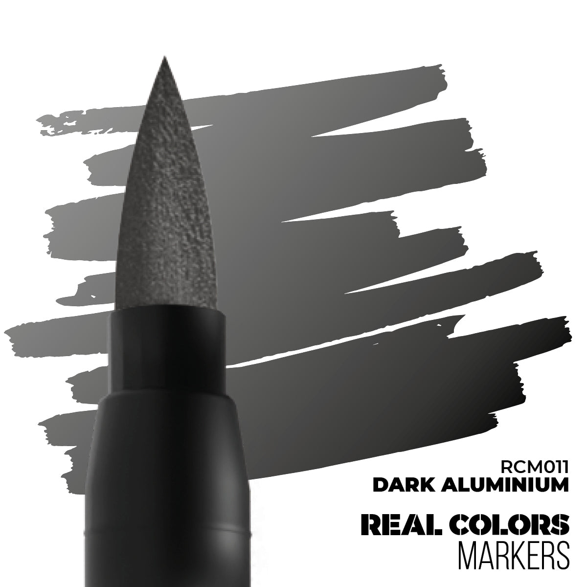 A dark gray Real Colors marker tip shown over a matching Dark Aluminium color swatch. Product code RCM011