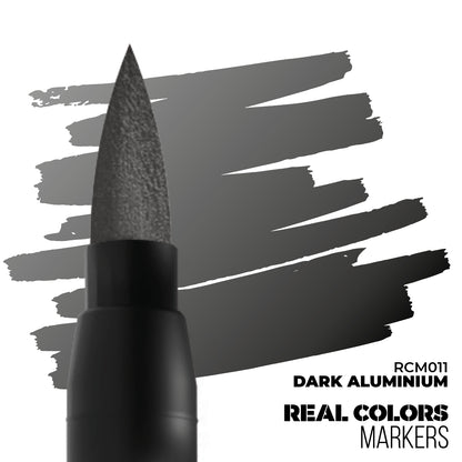A dark gray Real Colors marker tip shown over a matching Dark Aluminium color swatch. Product code RCM011