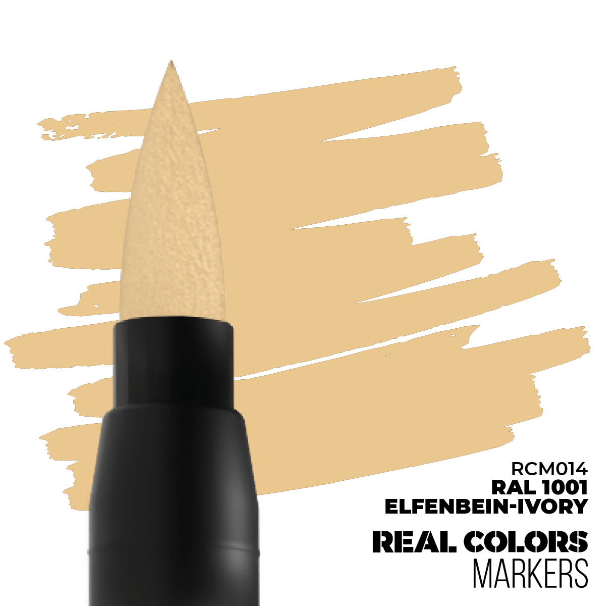 A black marker with an ivory brush tip and matching strokes. Text labels it RAL 1001 Elfenbein-Ivory Real Colors