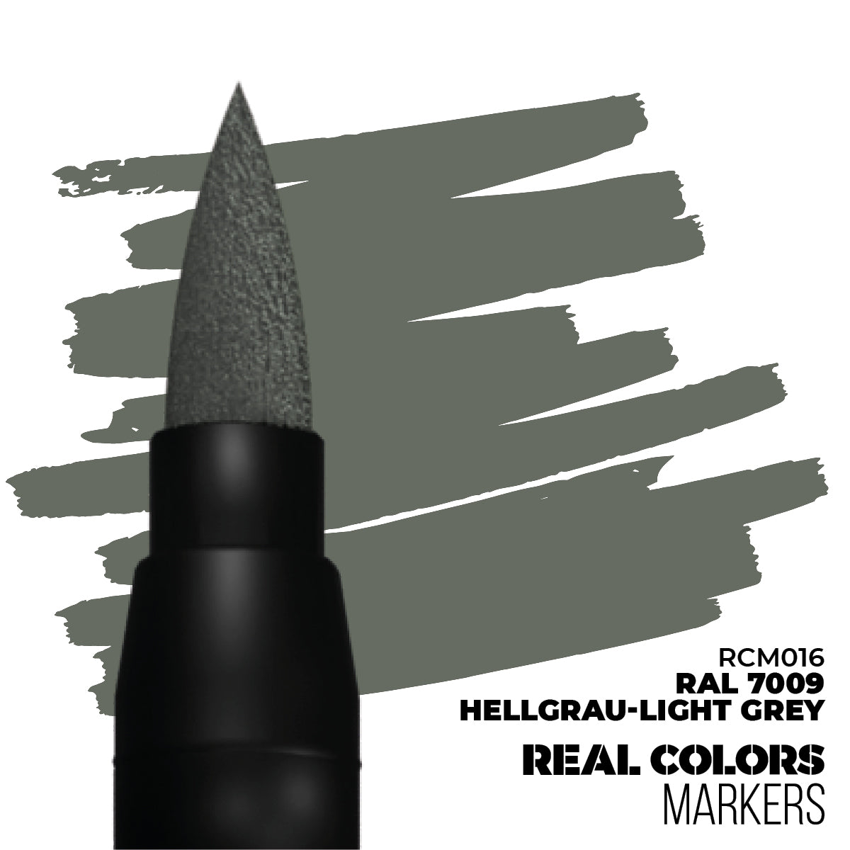 Black marker with grey brush tip next to light grey paint swatches. RAL 7009 Light Grey from Real Colors Markers