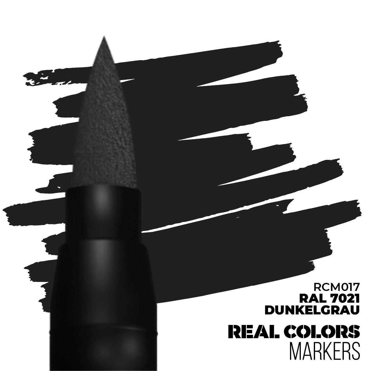 A dark gray Real Colors marker pen with a brush tip makes dark gray strokes. Labeled RAL 7021 Dunkelgrau