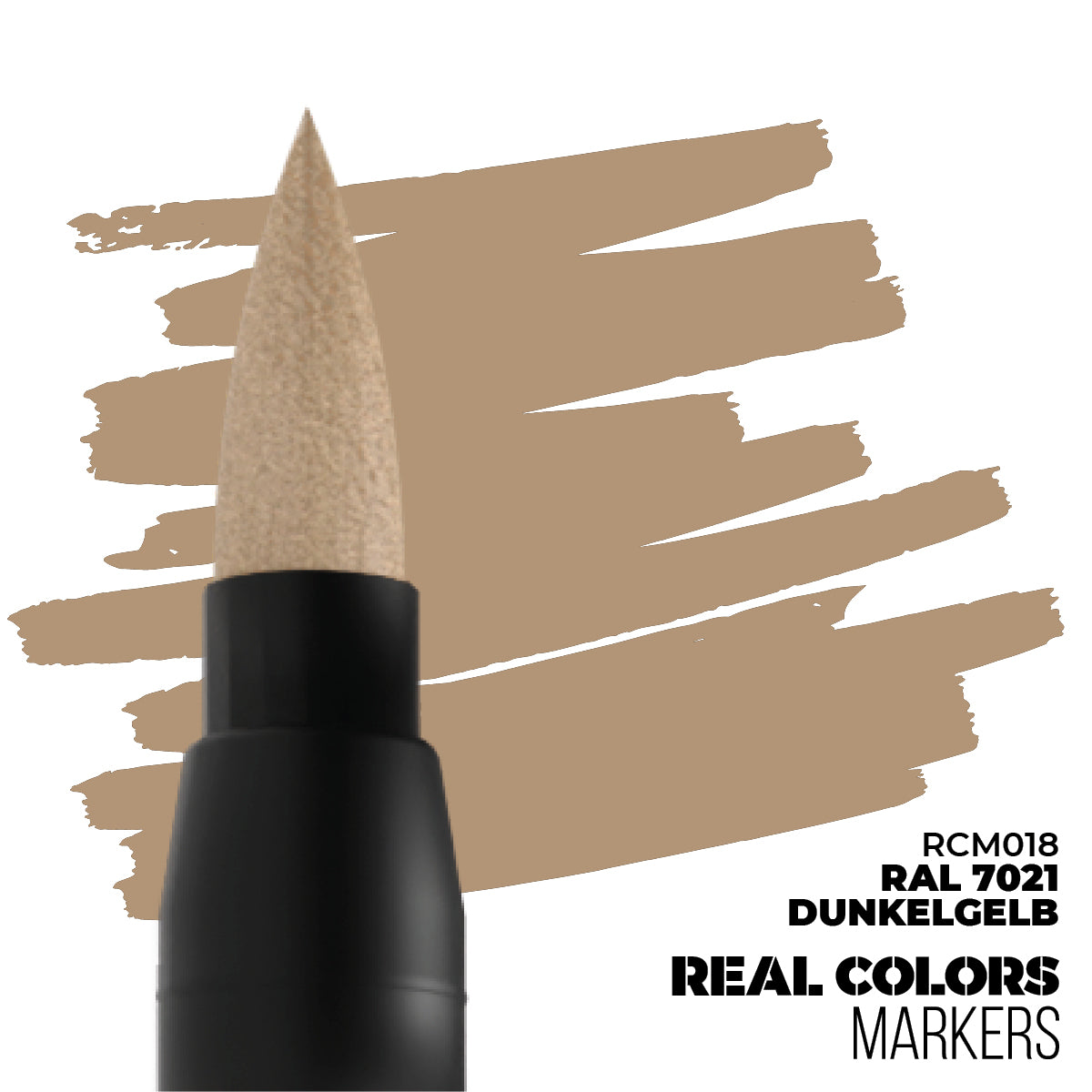 A tan marker nib with color swatches. Identified as RCM018, RAL 7021 DUNKELGELB, Real Colors Markers