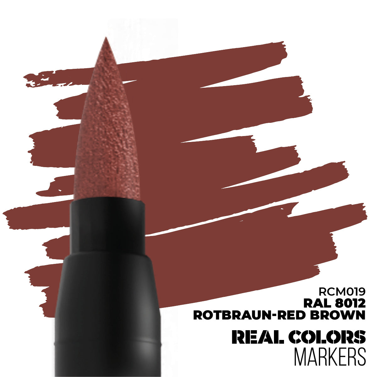 Red-brown marker with a textured tip, shown next to matching paint strokes. Text: 'ROTBRAUN-RED BROWN'