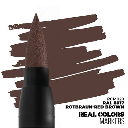 A brown marker tip shown with textured red-brown paint strokes on a white background, labeled "Rotbraun-Red Brown."
