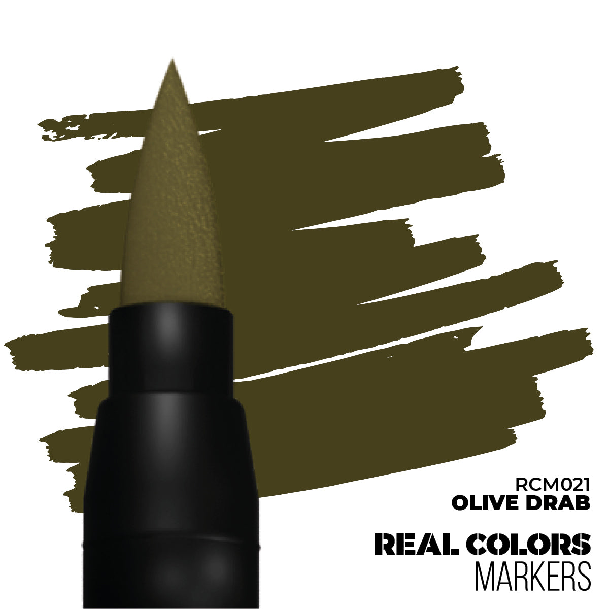 Black marker with olive drab brush tip, showing bold olive drab strokes. Labeled 'RCM021 Olive Drab'
