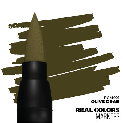 Black marker with olive drab brush tip, showing bold olive drab strokes. Labeled 'RCM021 Olive Drab'