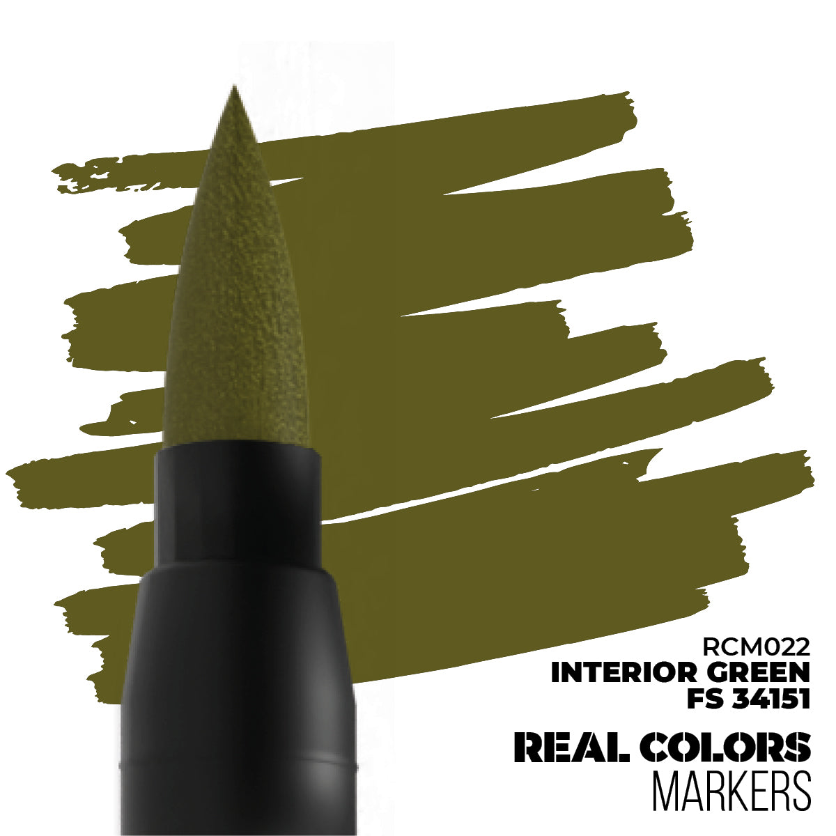 Olive green brush marker with a matching paint swatch on white, labeled 'Interior Green'