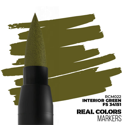 Olive green brush marker with a matching paint swatch on white, labeled 'Interior Green'