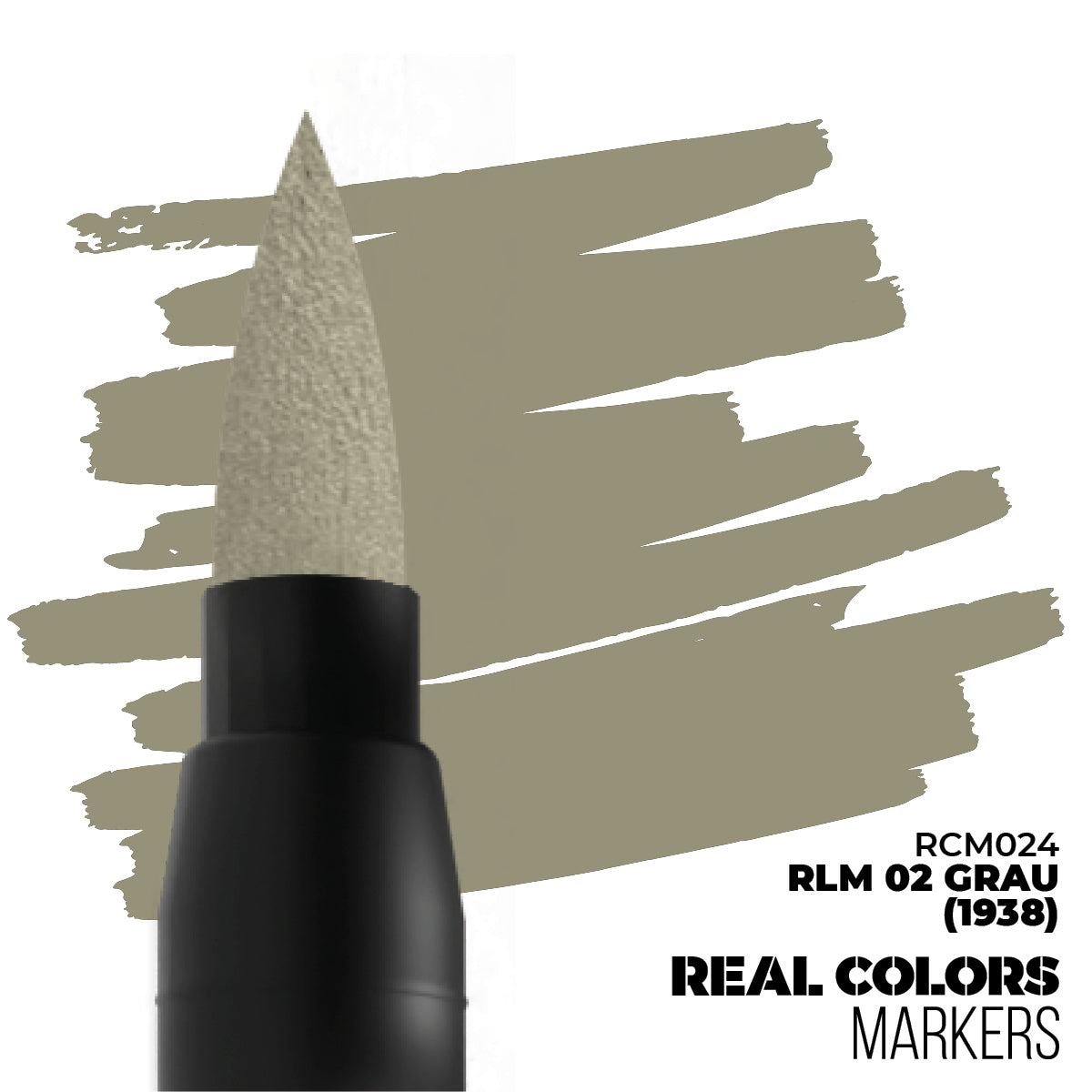 Close-up of a Real Colors marker creating an RLM 02 Grau (1938) grey swatch on a white background