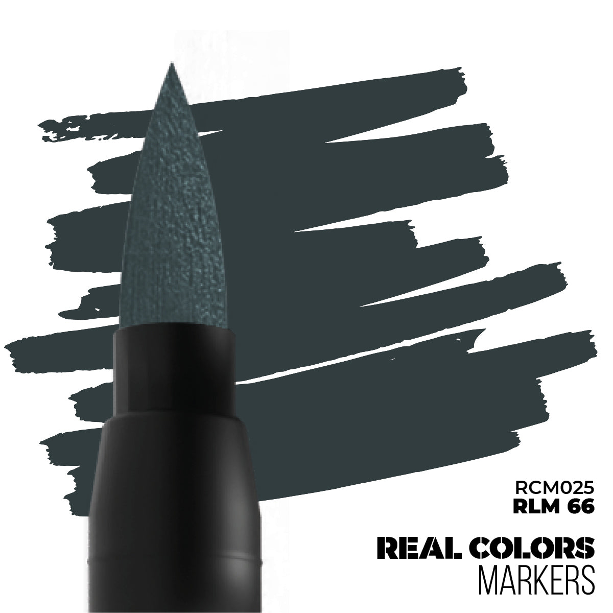 Brush marker tip applying a dark teal-gray swatch on white. Text: Real Colors Markers RLM 66