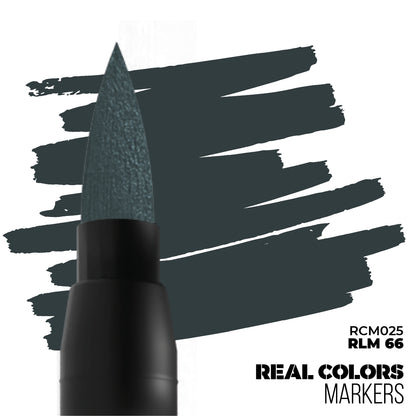 Brush marker tip applying a dark teal-gray swatch on white. Text: Real Colors Markers RLM 66