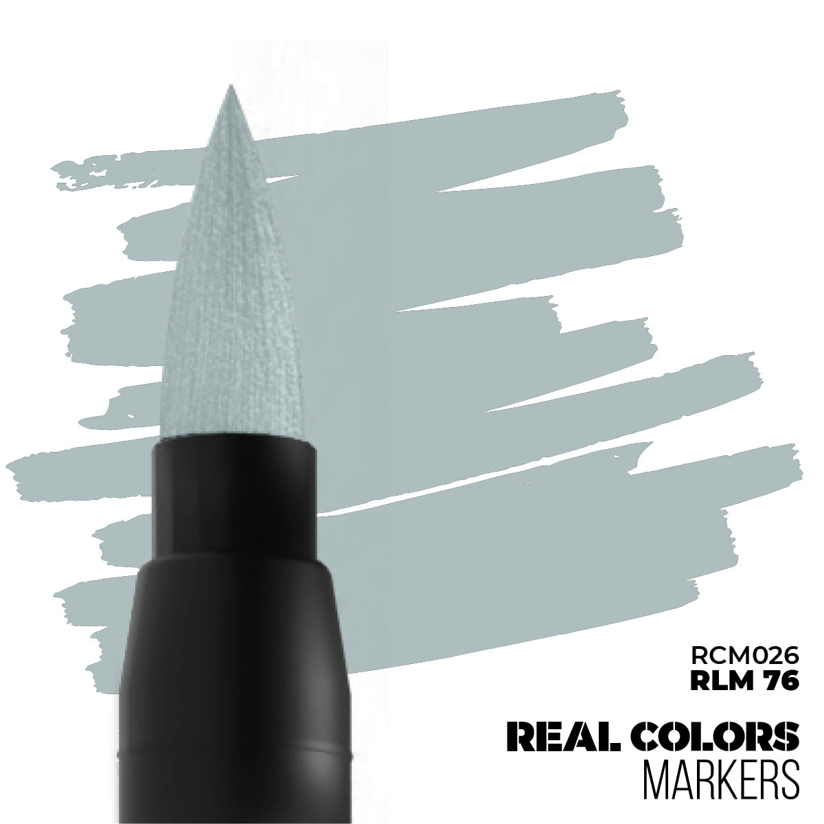 A black Real Colors marker with a light blue RLM 76 brush tip, creating pale blue paint swatches