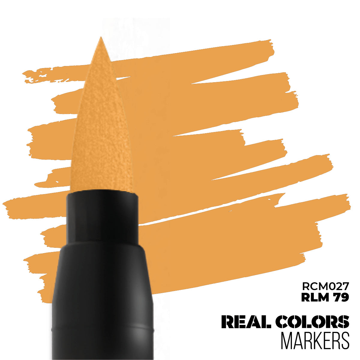 Black marker with a vibrant orange brush tip, creating a matching orange swatch of multiple strokes on white