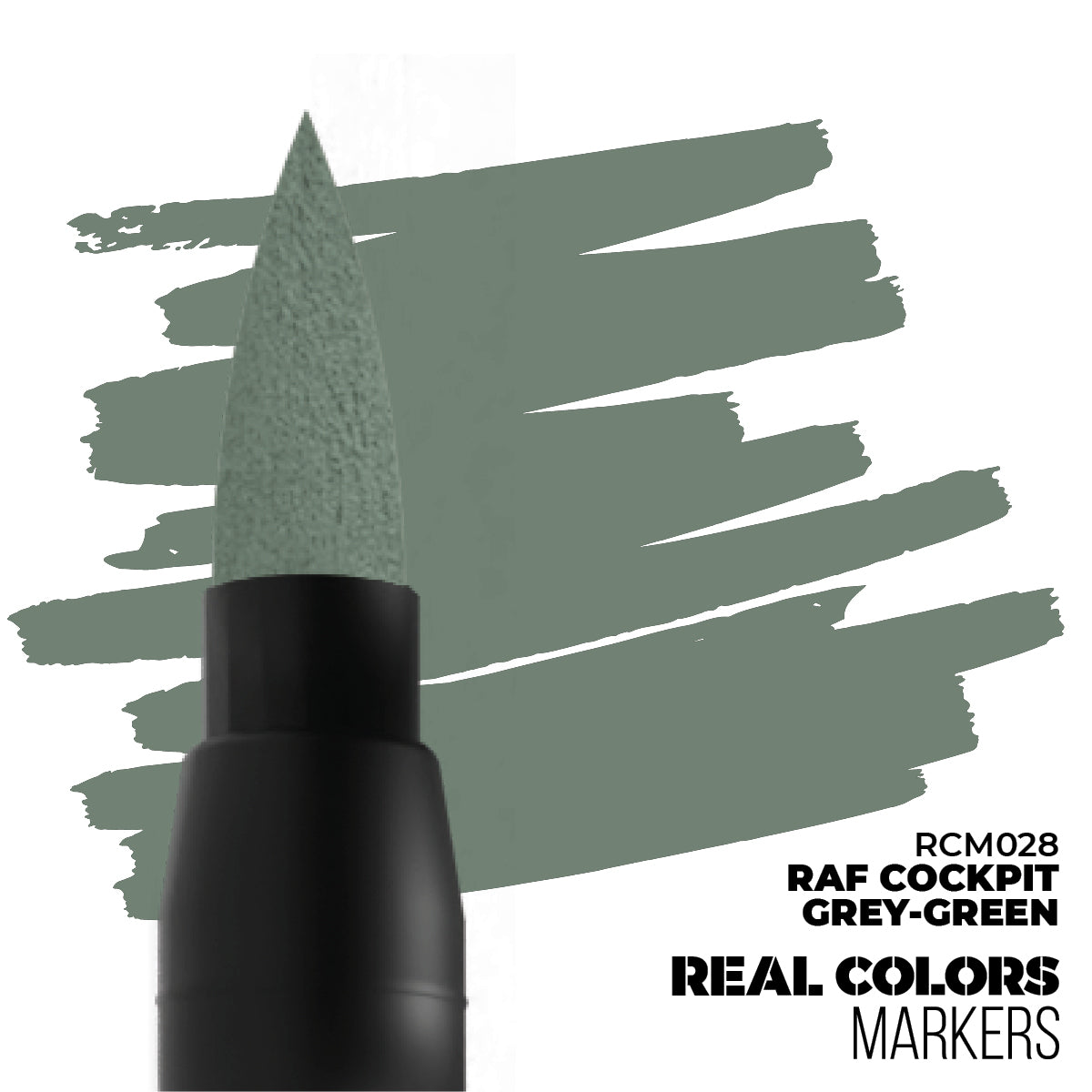 A grey-green marker tip next to matching paint strokes, labeled "RAF Cockpit Grey-Green Real Colors Markers"