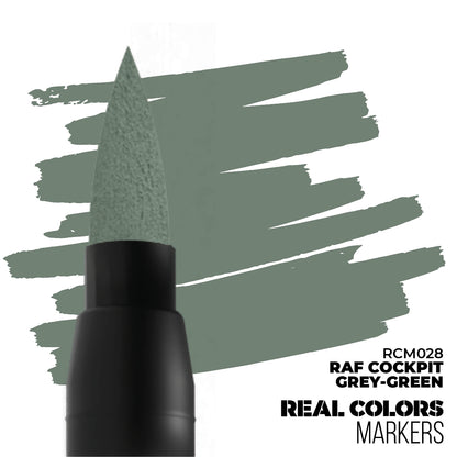 A grey-green marker tip next to matching paint strokes, labeled "RAF Cockpit Grey-Green Real Colors Markers"