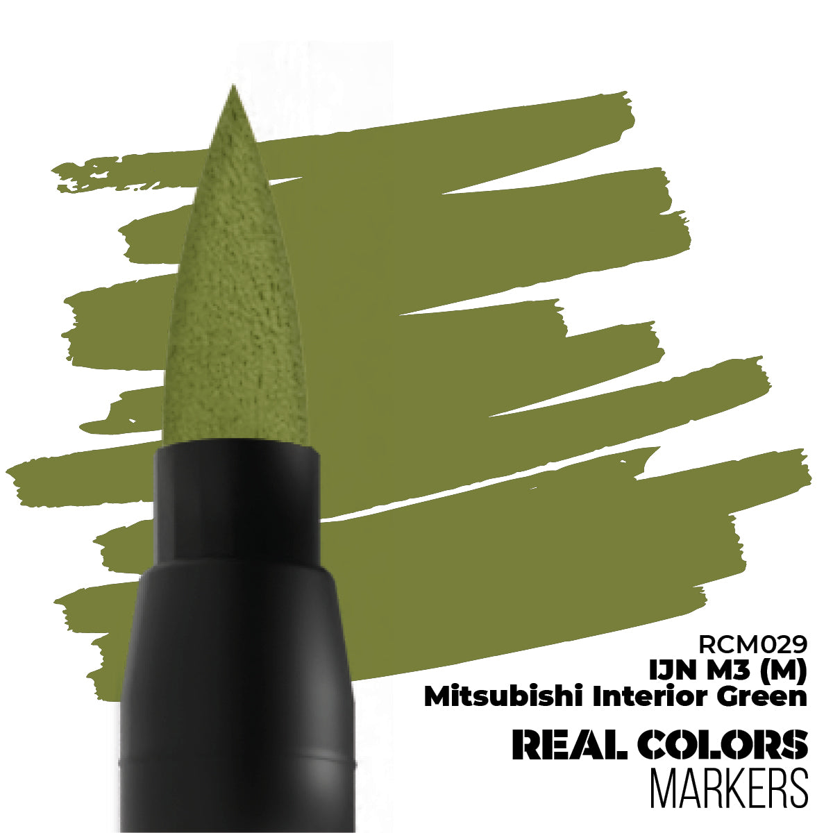 Olive green marker tip with matching paint strokes. Labeled 'Mitsubishi Interior Green Real Colors Markers'