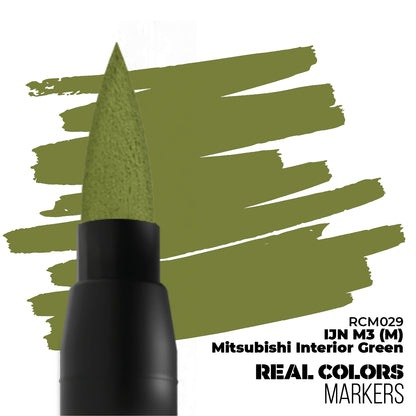 Olive green marker tip with matching paint strokes. Labeled 'Mitsubishi Interior Green Real Colors Markers'