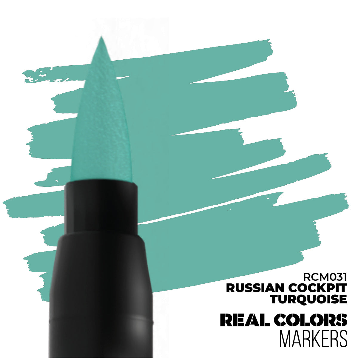 A turquoise marker tip and brush stroke. Text: RCM031 Russian Cockpit Turquoise, Real Colors Markers