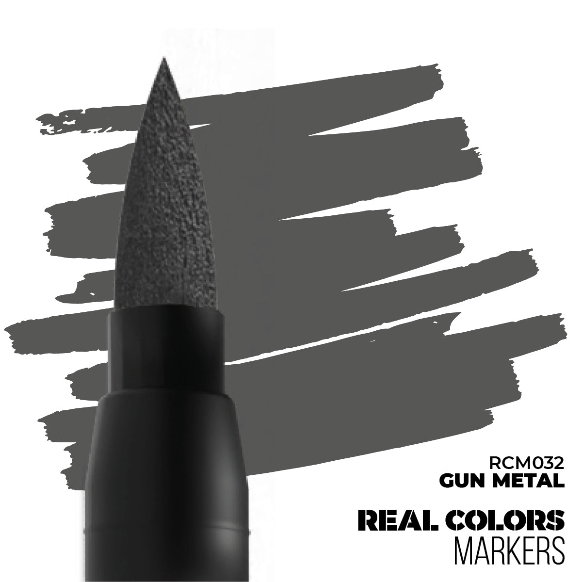 Gun Metal grey brush marker tip and its dark grey paint swatches. Real Colors Markers