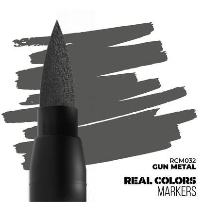 Gun Metal grey brush marker tip and its dark grey paint swatches. Real Colors Markers