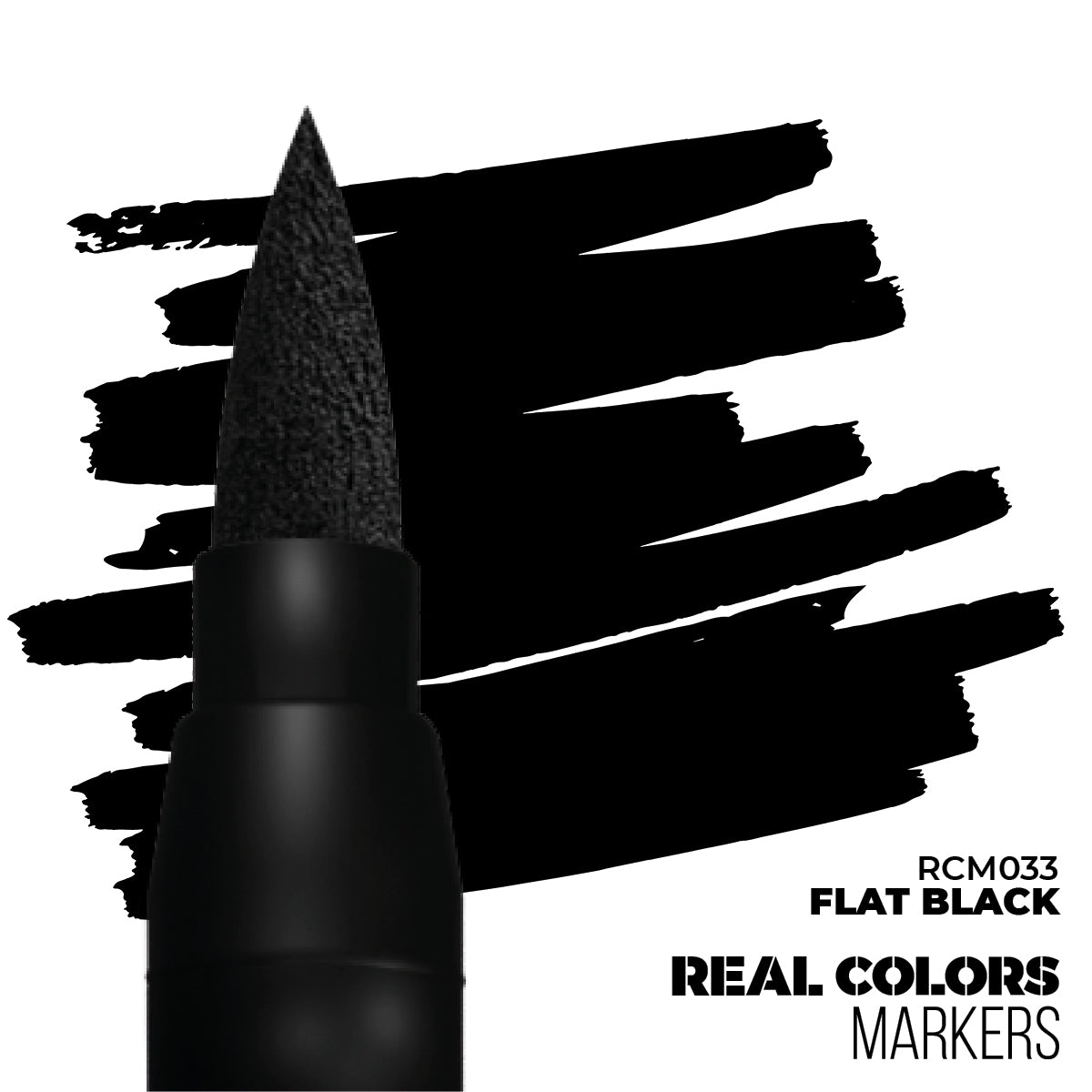 Close-up: Black marker's felt tip over bold black strokes on white background. Labeled 'Flat Black'