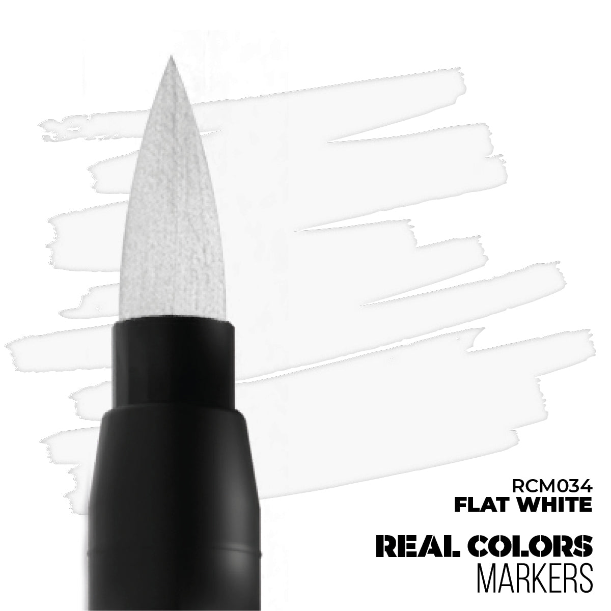 White brush marker tip next to subtle white strokes. Text: RCM034 Flat White Real Colors Markers