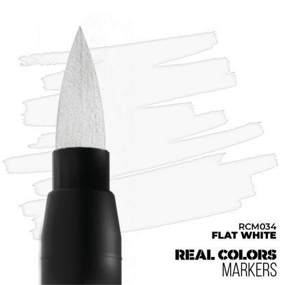 White brush marker tip next to subtle white strokes. Text: RCM034 Flat White Real Colors Markers