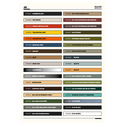A color chart with 34 rectangular paint swatches of various hues including a textured gun metal, each labeled with a code and color name
