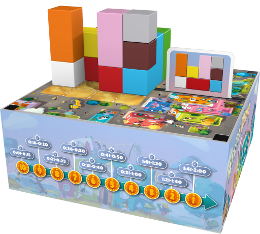 In-game setup of Recto Verso showing block structures and building cards