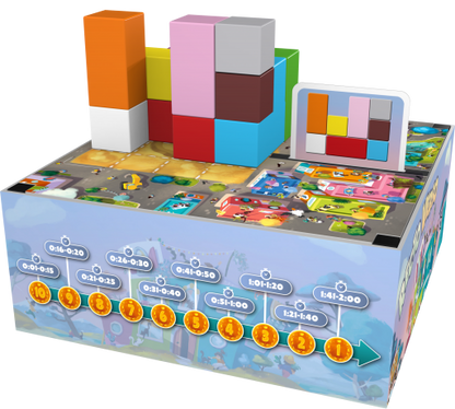 In-game setup of Recto Verso showing block structures and building cards