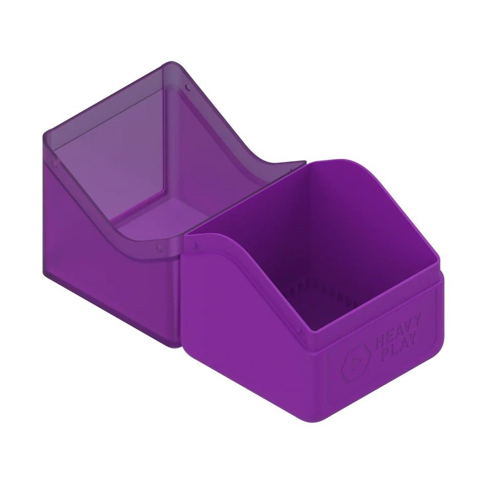 Open purple plastic deck box with translucent lid and "HEAVY PLAY" logo