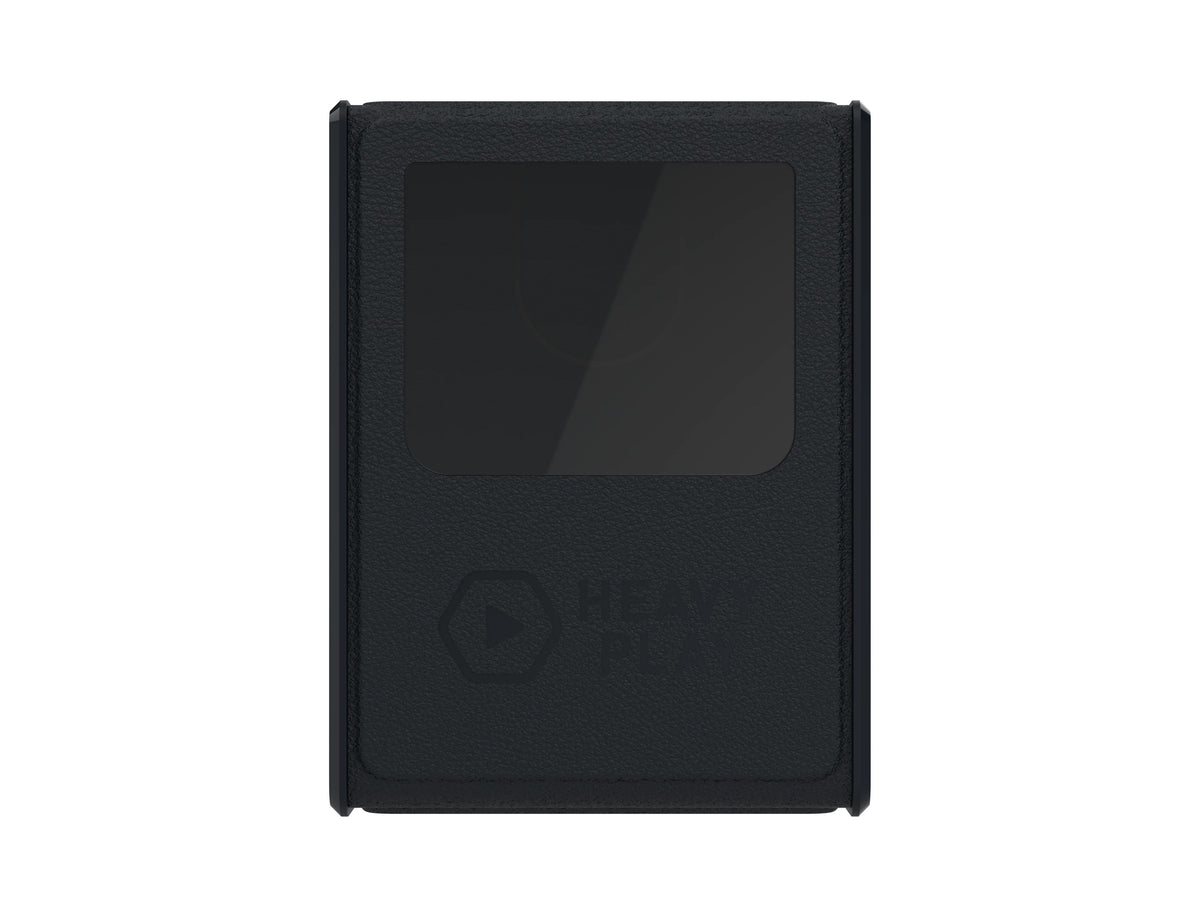 A textured black flip phone case with a transparent front window, displayed on a white background.