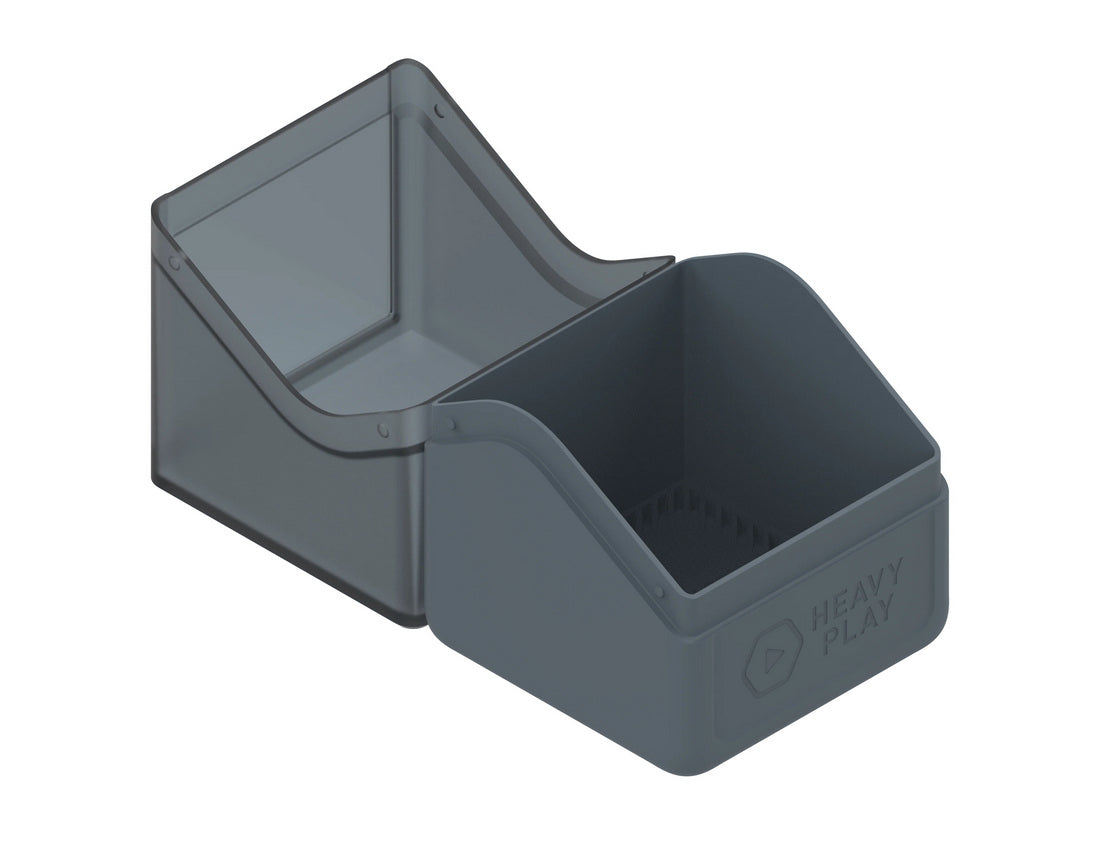 Open gray plastic card deck box, with a translucent top and an opaque base featuring &quot;HEAVY PLAY&quot; text