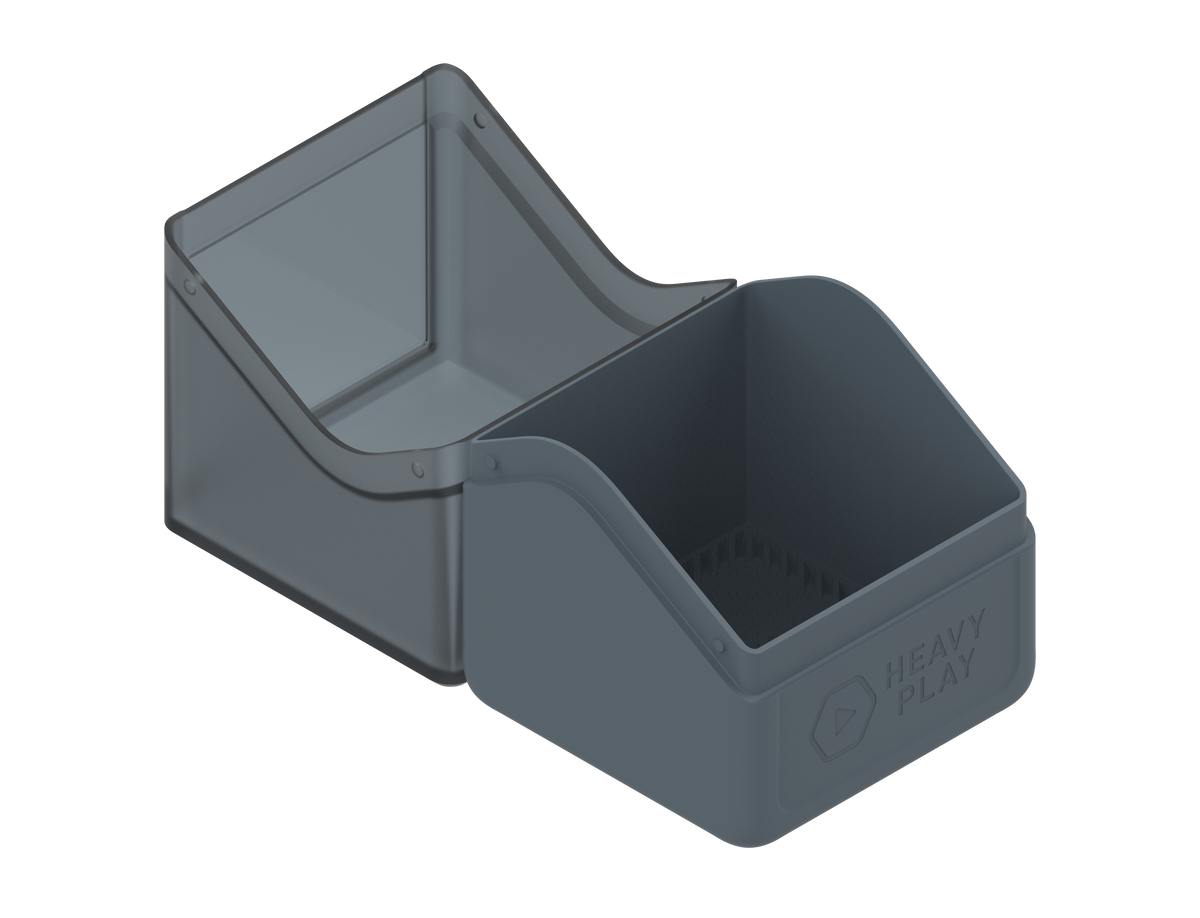 A two-part open Heavy Play RFG Deckbox for 80 Double Sleeved Cards is displayed, with one opaque grey and one translucent dark grey section
