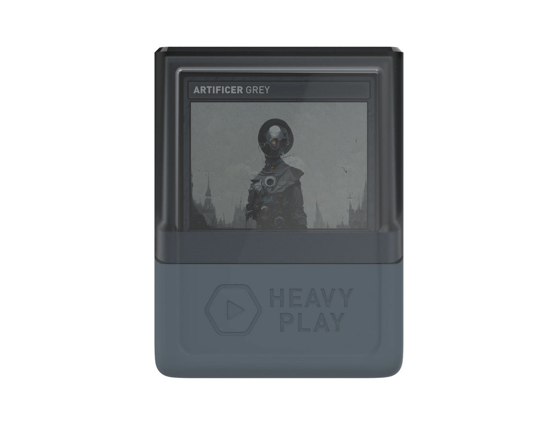 Vertical gray digital card display shows &quot;Artificer Grey&quot; with a single-eyed robot in a cityscape 