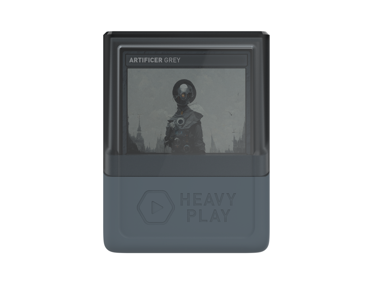A grey Heavy Play deckbox stands upright displaying a card with Artificer Grey text and a mechanical character illustration