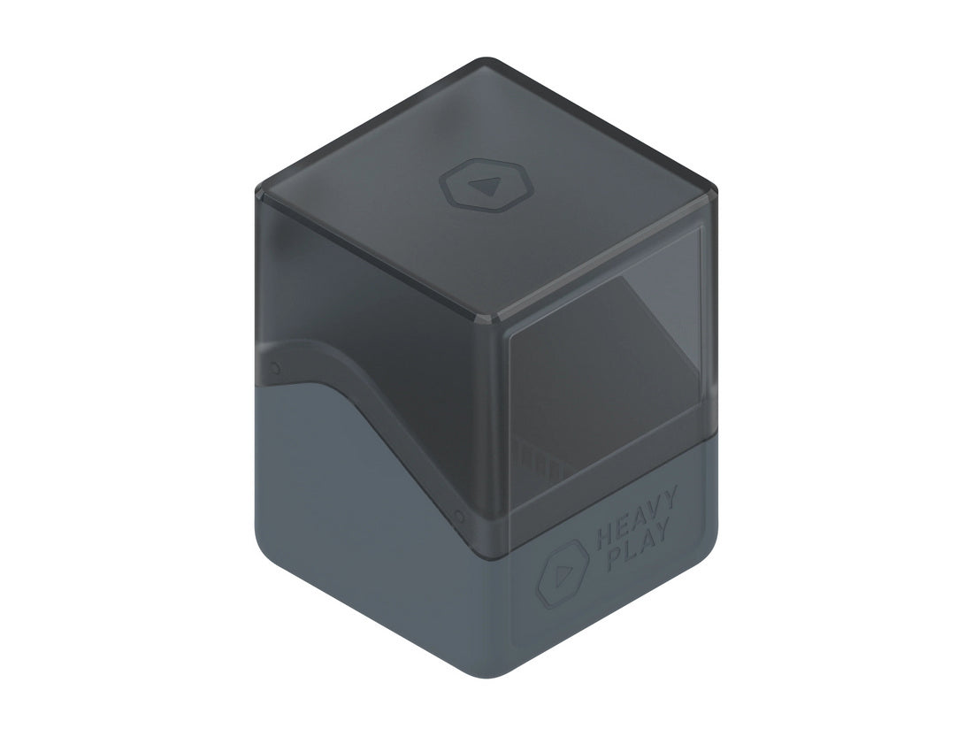 Two-tone dark gray gaming deck box with a translucent lid and 'HEAVY PLAY' logo